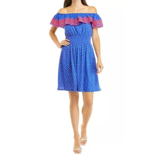 NWT Lilly Pulitzer Kalama Off Shoulder Ruffle Smocked Dress Size XS Blue Squared